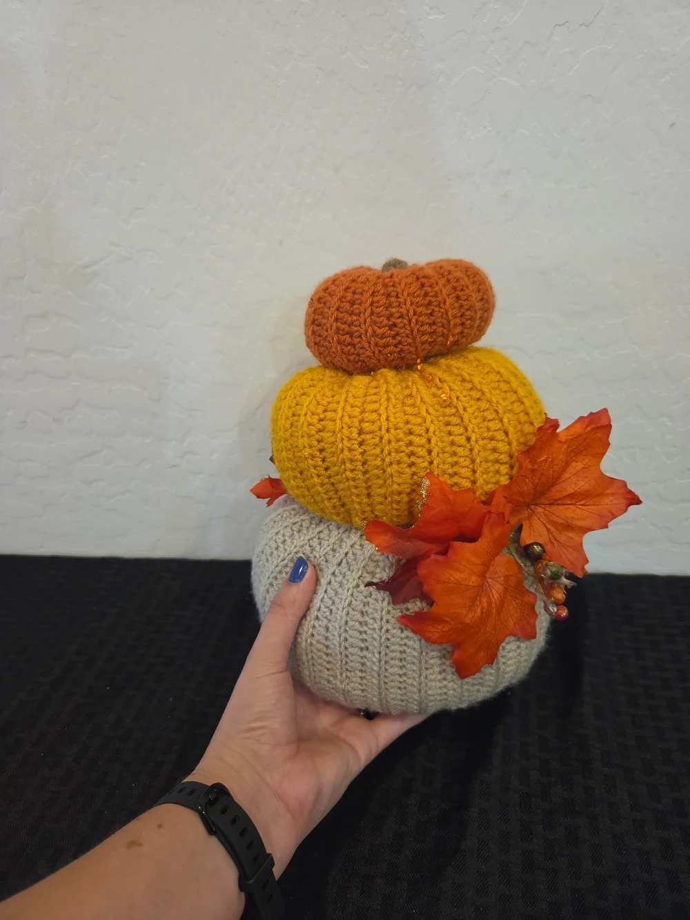 Handcrafted Knit Pumpkin Stack - Cream, Mustard, Orange - Home Accents
